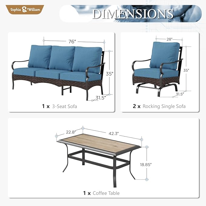 Sophia & William Patio Furniture Set, 4 Piece Metal Outdoor Conversation Set with 3-Seater Outdoor Couch, 2 Sofa Chairs, 1 Coffee Table for Outdoor Seating, Backyard, Porch(Navy Blue)