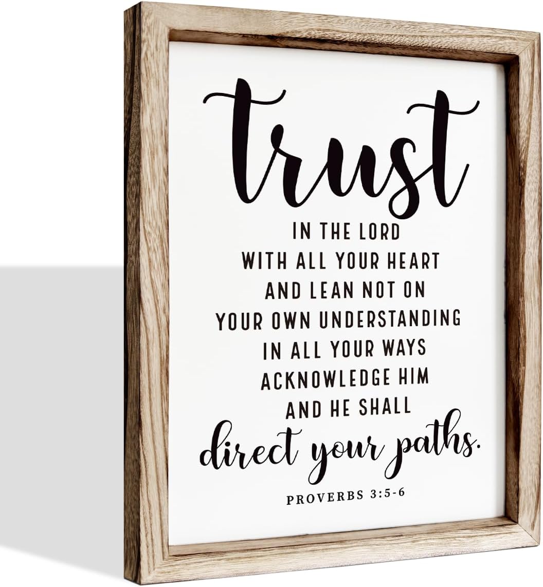 Christian Wall Signs, Rustic Home Decor, Church Room Decoration, Proverbs 3:5-6 Sign, Framed Wall Plaque Sign 15 * 11.5 inches, Trust in the Lord with All Thine Heart