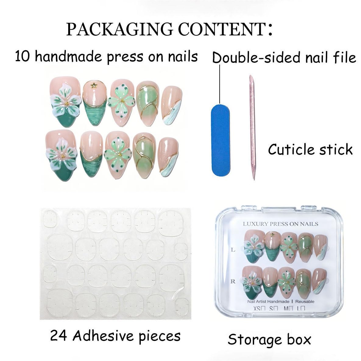 10Pcs Medium Almond Handmade Press On Nails | Easy Apply & Remove, Reusable Salon Quality Nails | Fresh Nude & Green Fake Nails with 3D Floral, Gold Star & Line Accents (5U09, M)