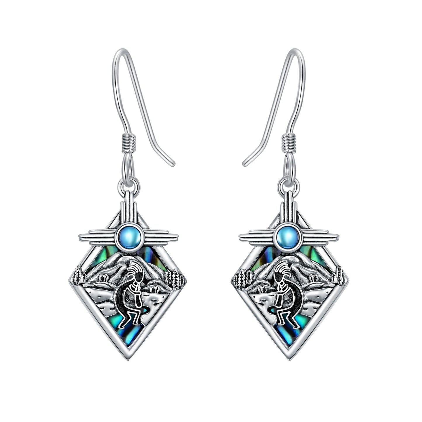 PROESS Sterling Silver Southwestern Kokopelli Earrings Moonstone Zia Symbol Earrings Kokopelli Mountain Jewelry for Men Women