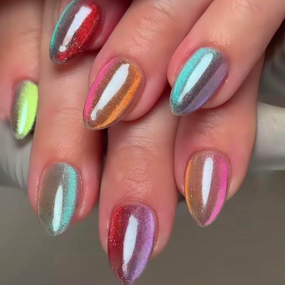 Almond Press on Nails Short Colorful Gradient Fake Nails Ombre Cat Eye False Nails Glossy Cute Dopamine Vitality Rainbow Glue on Nail Acrylic Nails Reusable Stick on Nail for Women Manicure 30Pcs