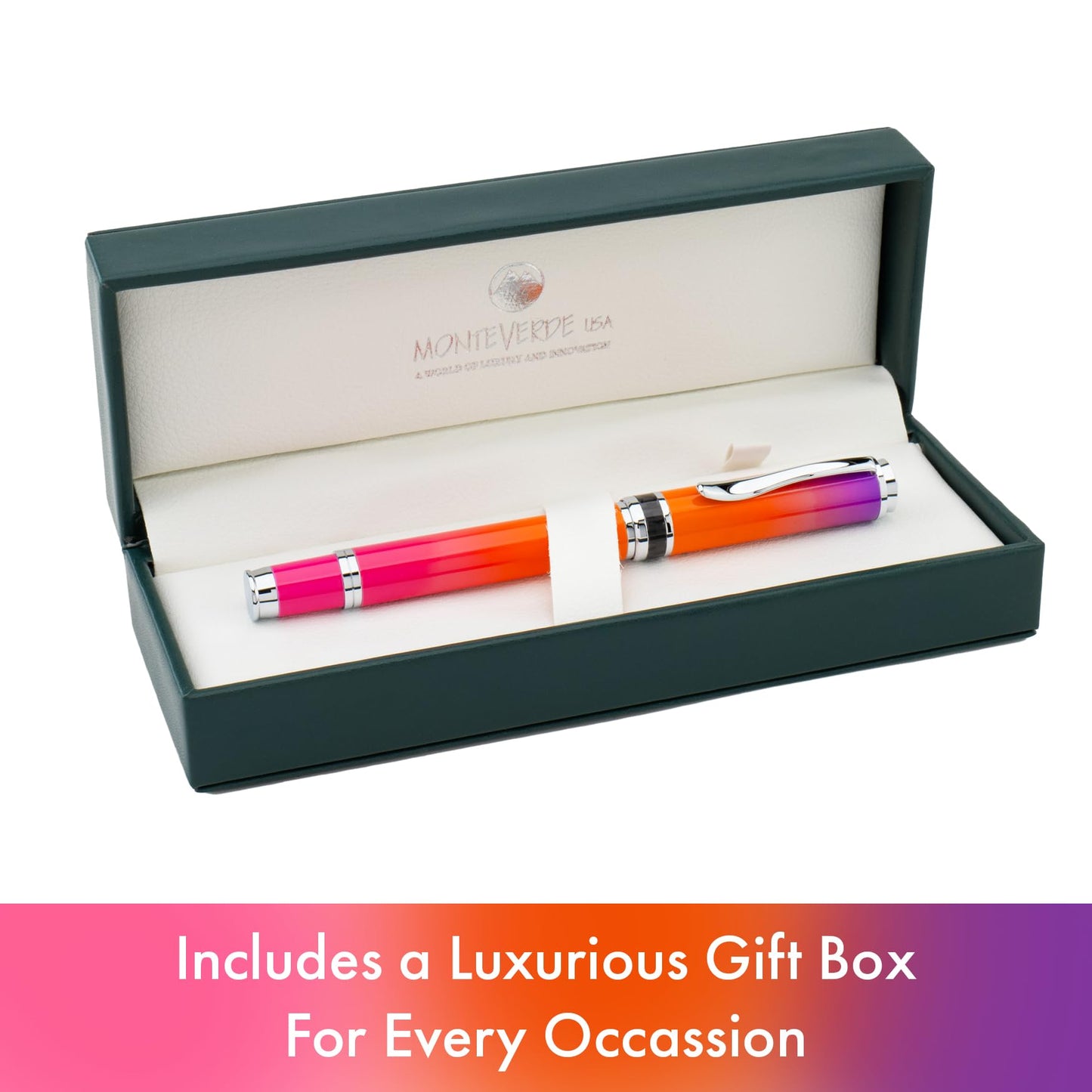 Monteverde USA Innova Ombre Fusion Harmony (Purple/Orange/Pink Gradient Finish) Fountain Pen - Stub Nib, Refillable, Gift Case, Luxury Pen