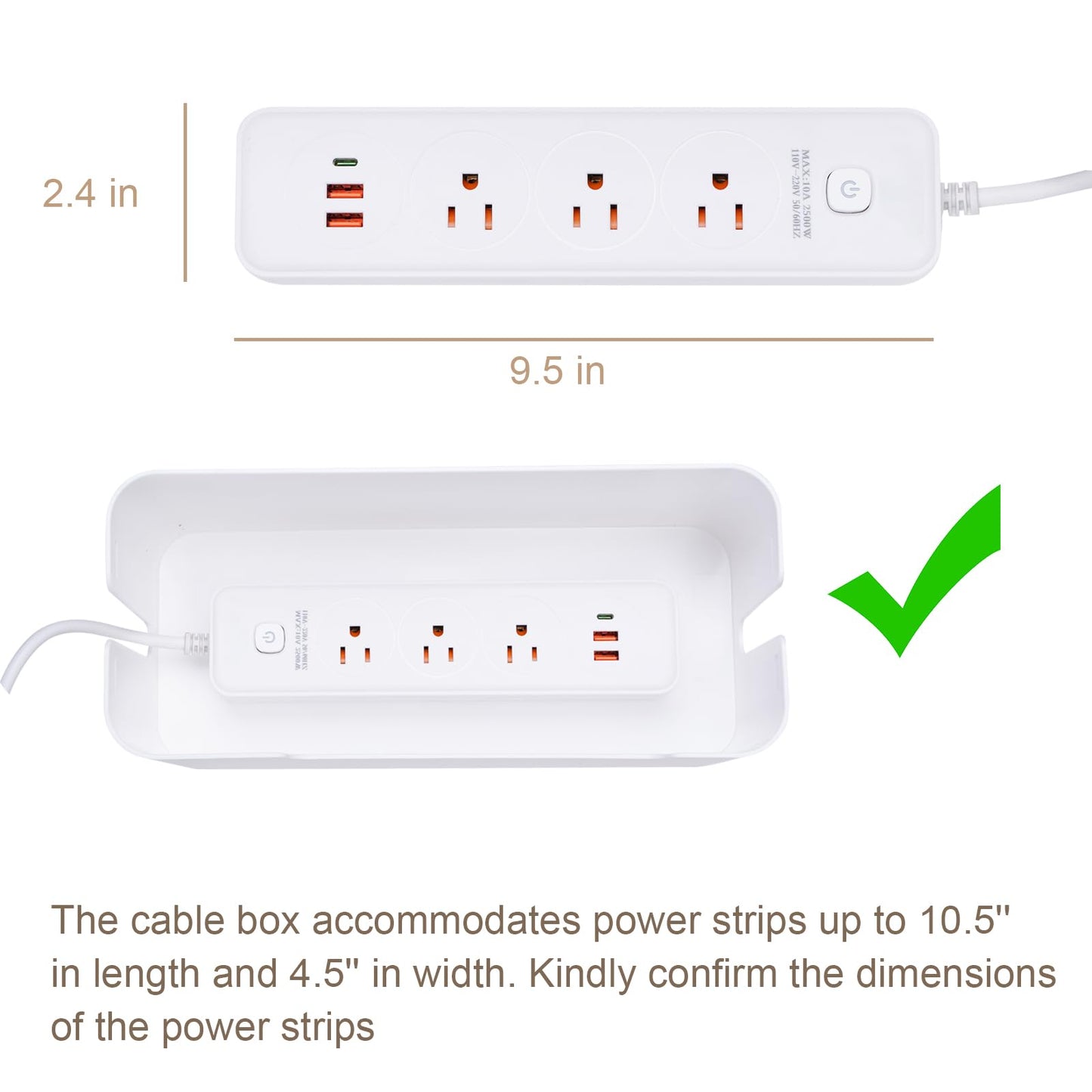 Eichzer Cable Management Box, Premium Cord Organizer Box to Hide Surge Protector on Desk, Power Strip Cover for TV Computer Home Router Office (White)