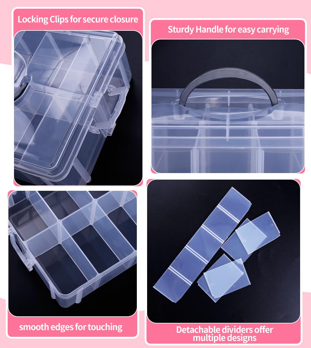 Praisebank 3-Layer Stackable Storage Container Box, 30 Dividers Compartments, Perfect for Storage Jewelry & Arts & Crafts & Sewing. (Clear)