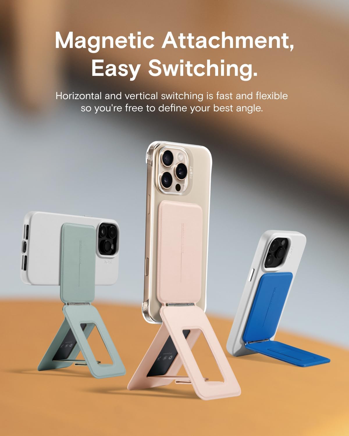 MOFT Phone Stand, Magnetic Phone Tripod Stand Stain-Resistant MOVAS Leather & Angle Adjustment & Strong Magnets Tripod for iPhone 16/15/14/13/12 (Included Metal Ring)-Blush