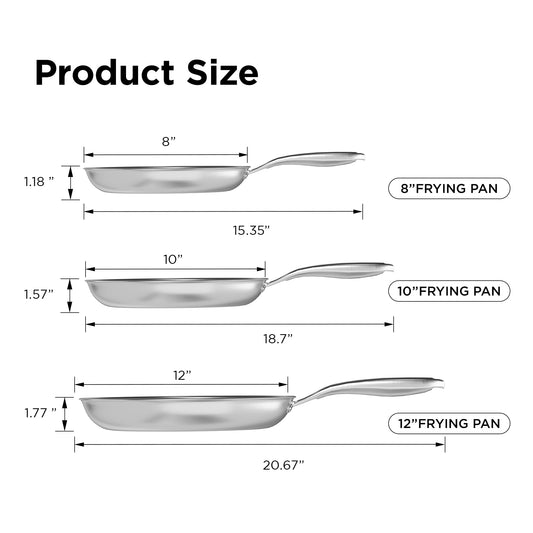 COOKER KING Stainless Steel Pans Set of 3 (8+10+12 Inch), Nonstick Frying Pans, Induction Pan Set, Chef's Pan, Skillets Dishwasher & Oven Safe, Stay-Cool Handles, Compatible with All Cooktops