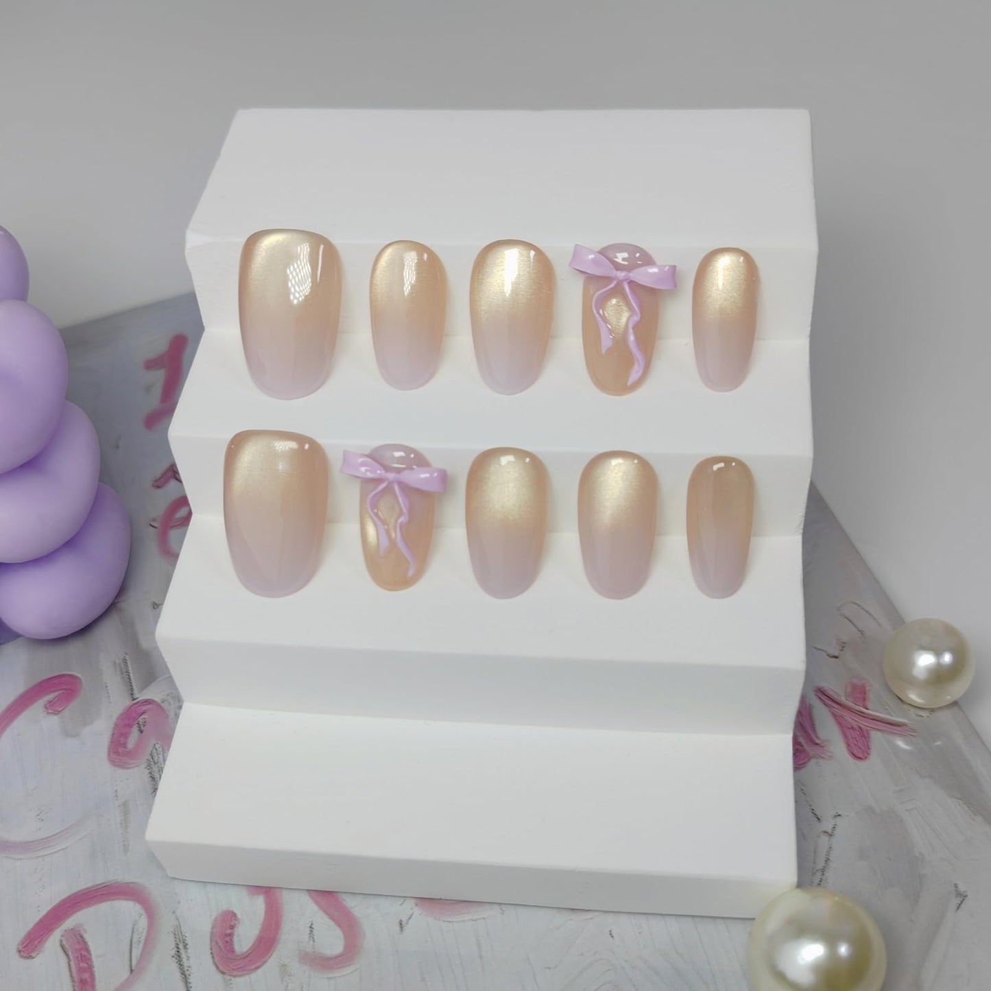 Short/Medium Oval Nails Handmade Glitter Press on Nails with Designs, Cat Eye/Aurora Women Reusable False Nails (Purple Ombre#Medium)