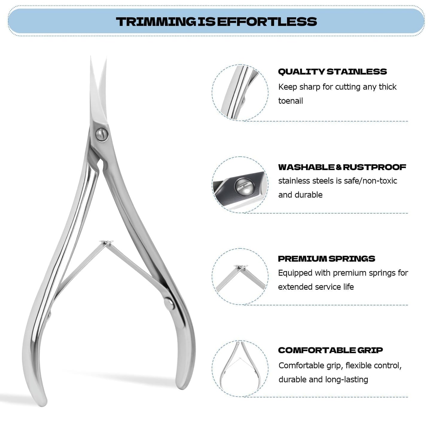 Criyar Professional Surgical Grade Cuticle Nippers - High Heat Treated Stainless Steel Cuticle Trimmer with Double Spring - Ultra Sharp Dead Skin Remover Scissors for Manicure & Pedicure (Silver)