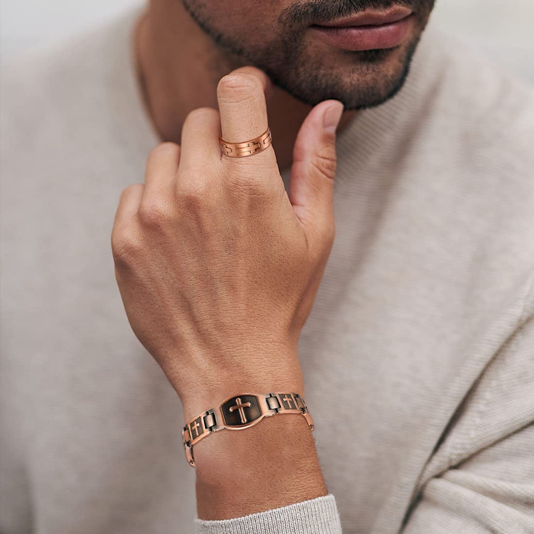 Cigmag Copper Bracelet for Men Double Row Ultra Strength Magnets Pure Copper Magnetic Bracelet & Ring with Adjustable Sizing Tool (Cross)
