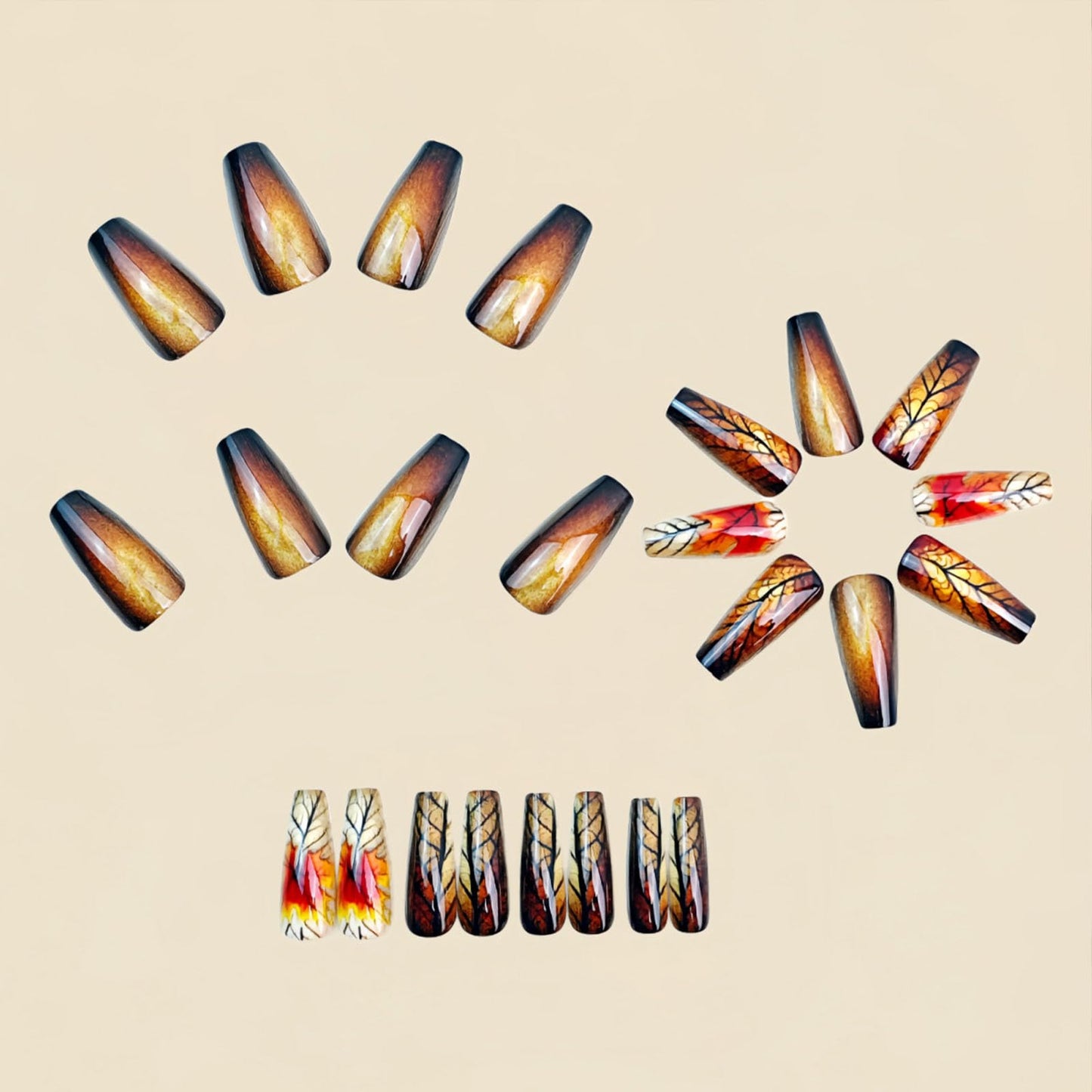 Fall Press on Nails Medium Coffin Fake Nails with Maple Leaves Designs Glossy Glue on Nails Brown Gradient Nails Press ons Autumn Acrylic Artificial Stick on Nails for Women 24Pcs