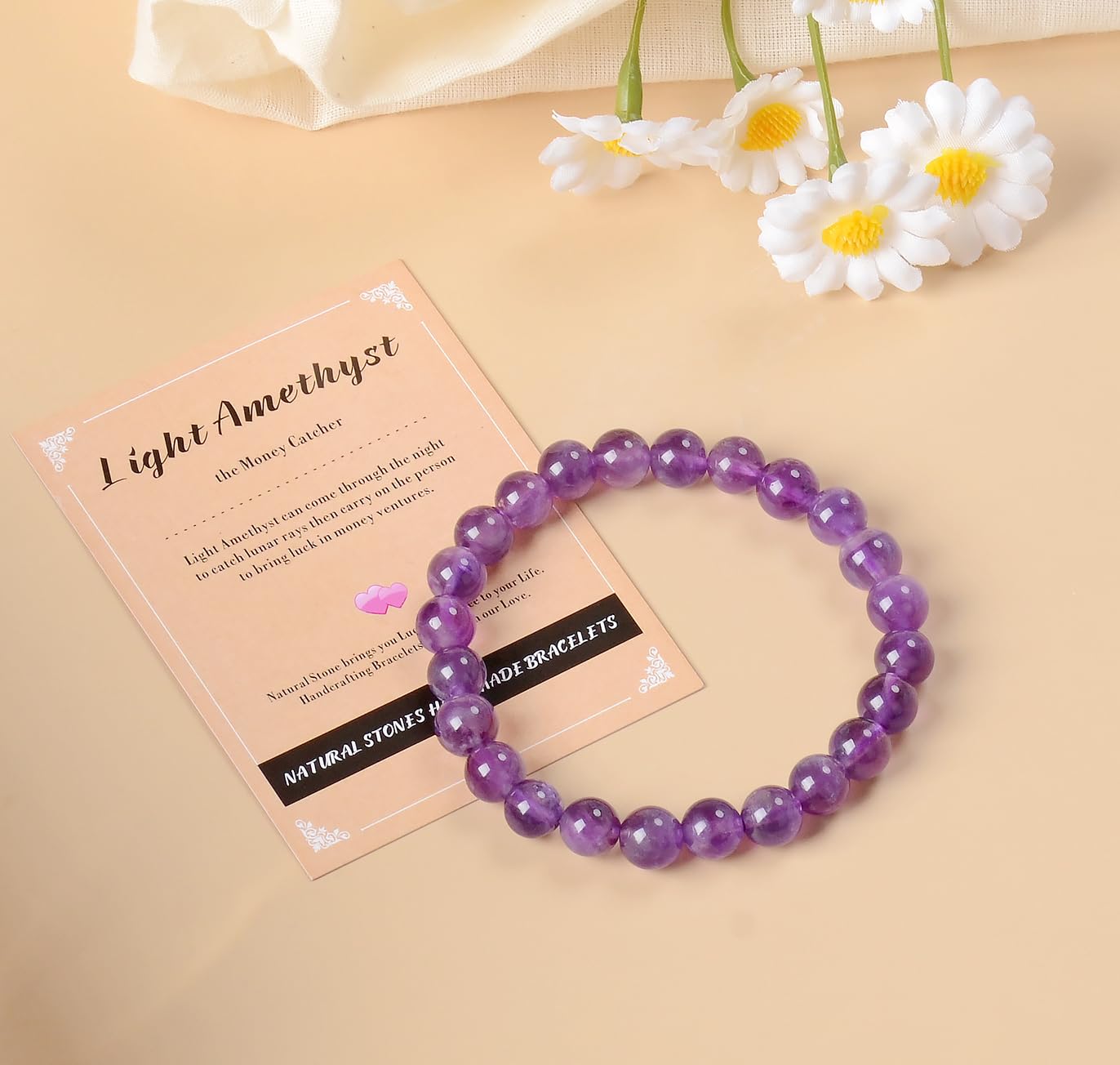 AD Beads Handmade Gemstone Stretch Elastic Bracelet Crystal Healing Reiki Nature's Beauty and Spiritual Essence Unisex (8mm, Purple Amethyst)