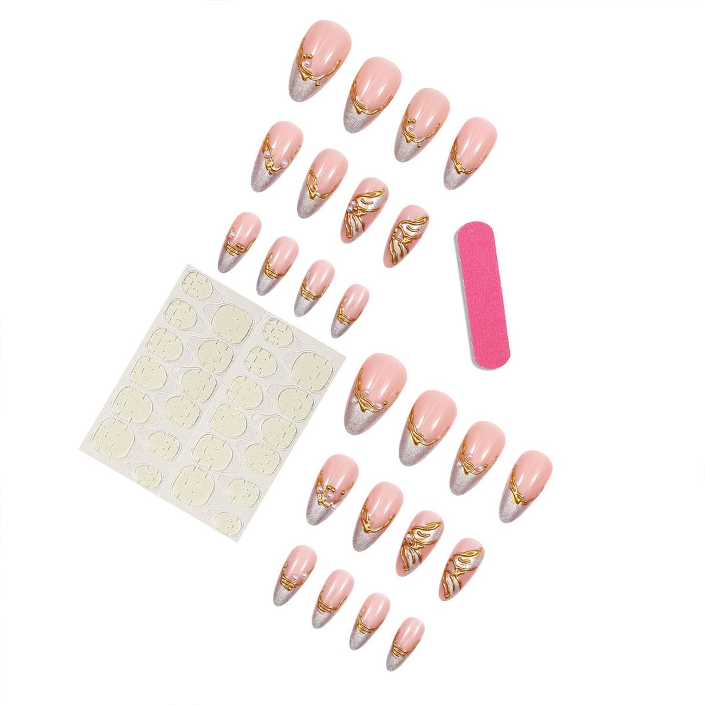 Gold Irregular Pattern Press on Nails Glitter French Tip Fake Nails with Pearl Design Long Almond False Acrylic Nail Glossy Full Cover Artificial Glue on Nail for Women DIY Manicure