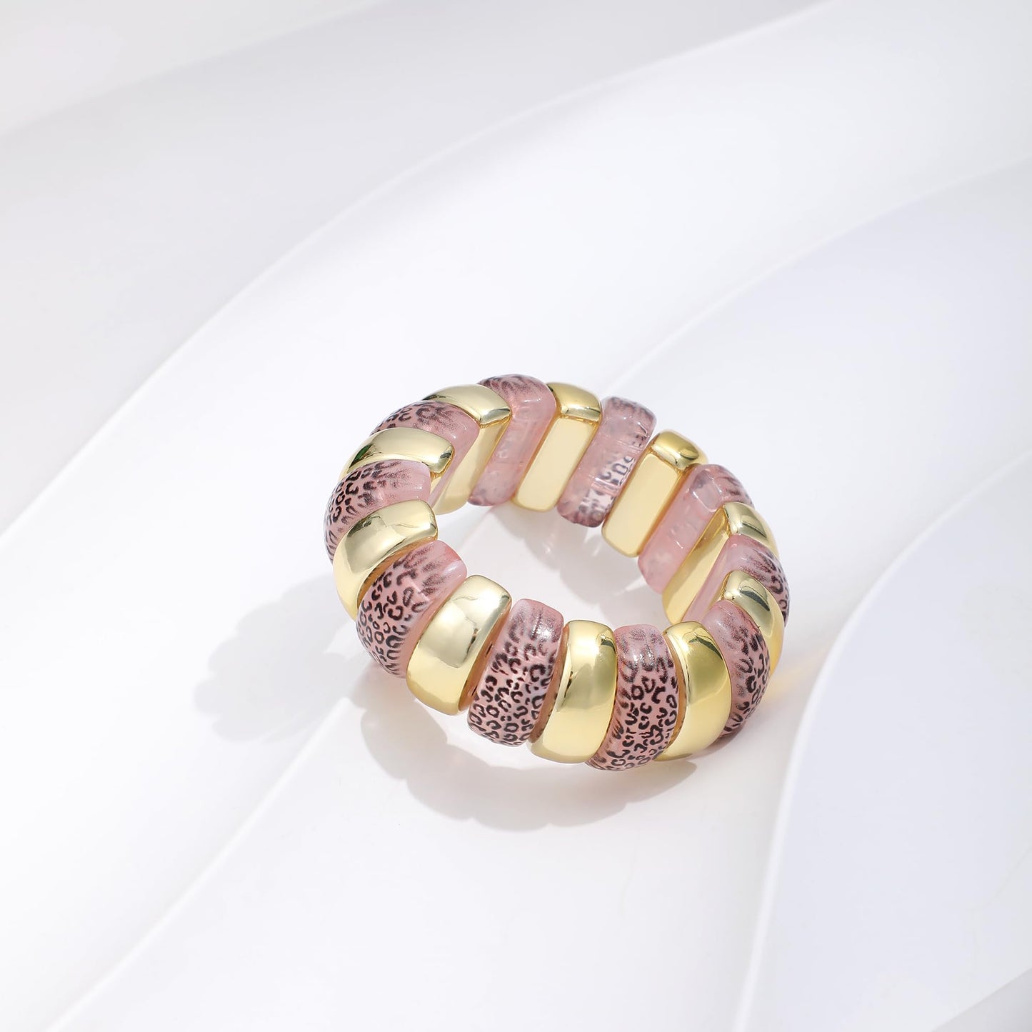 GOOJIDS Leopard Beaded Gold Plated Bangles Bracelet Chunky Bamboo Tube Curved Stacking Clear Acrylic Colorful Beads Stretchable Plated Bracelets Set For Women