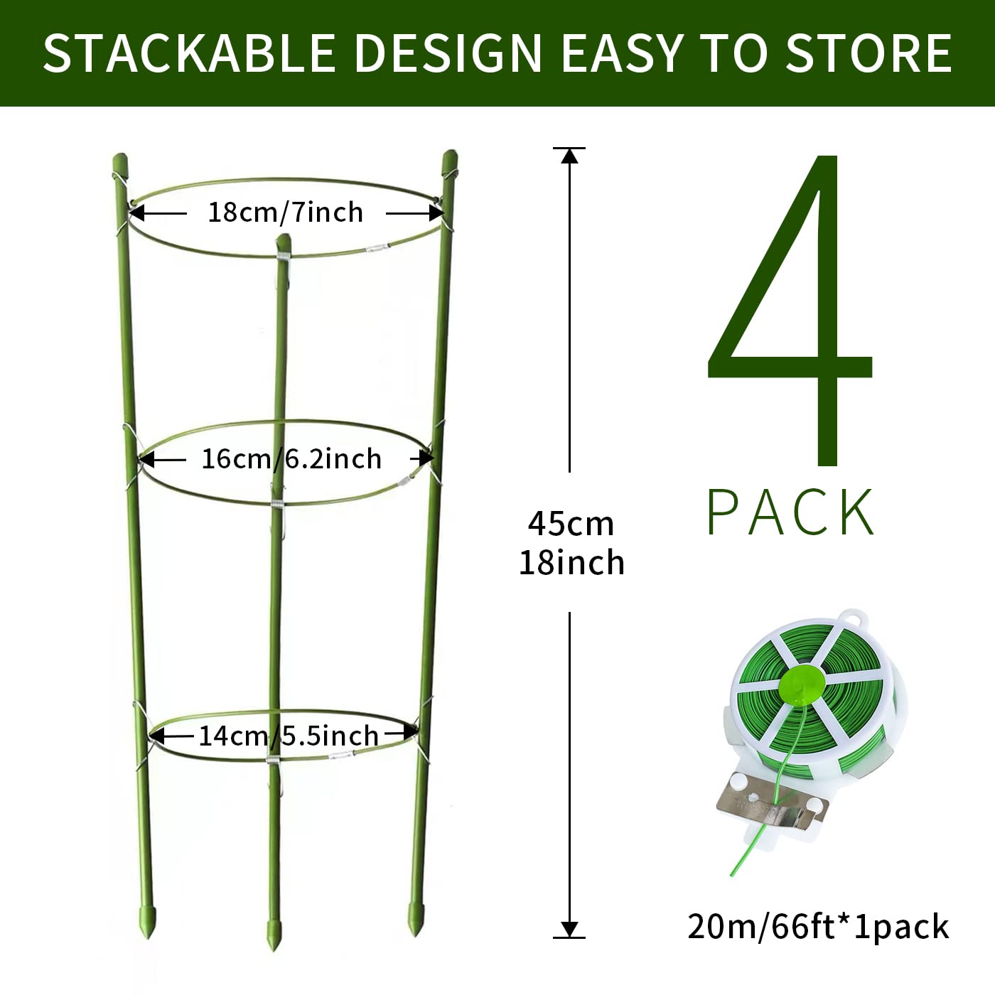 Hoyejyou 4 Pack Tomato Cage for Garden Plant Support, 18 inches Small Tomato Cages Tomato Trellis with Adjustable Rings, Plant Stakes for Peony Support, Tomato Stakes Rings for Climbing Plants