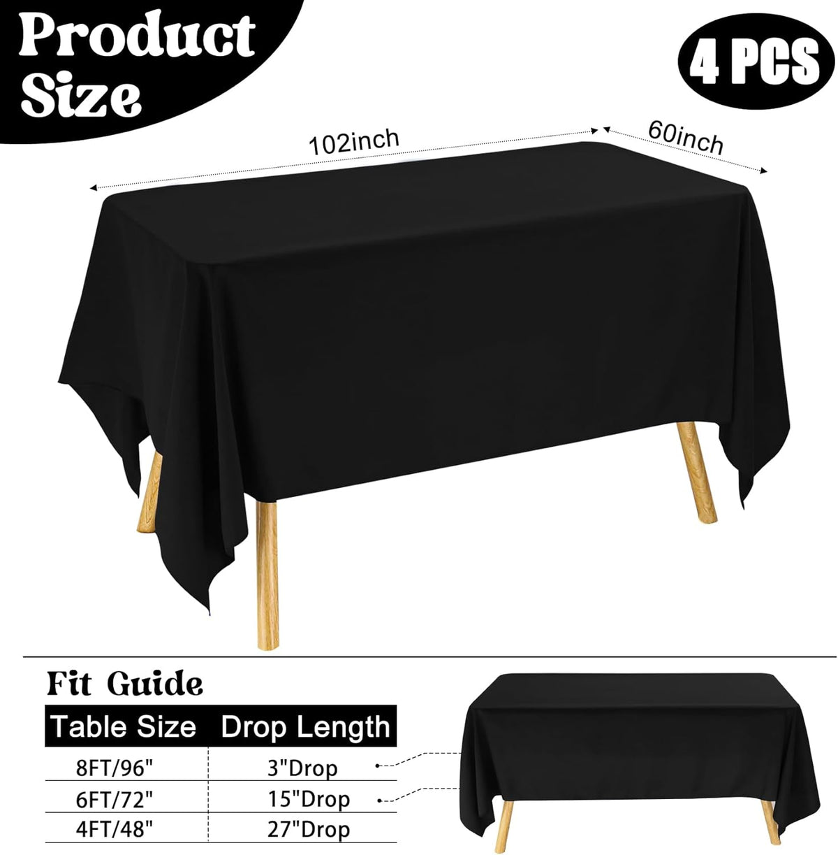 4 Pack Rectangle Tablecloth 60x102 Inch Black Washable Polyester Table Cover for Wedding Dining Table Buffet Parties Banquet Decoration（Black）