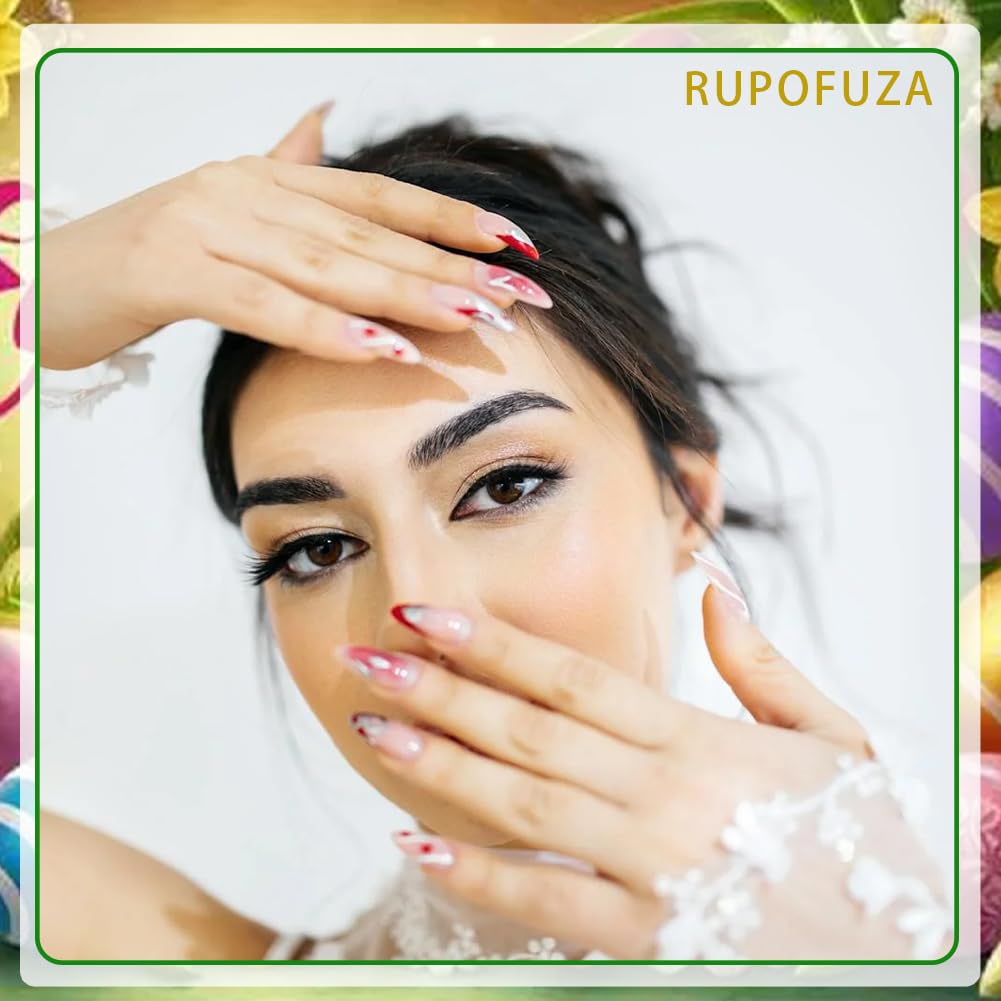 RUPOFUZA Press on Nails Square Short Red Fake False Nails with Lovely White Flowers and Strawberries Design Acrylic Artificial Nail Extra Short Glue on Nail for Women Girls 24Pcs