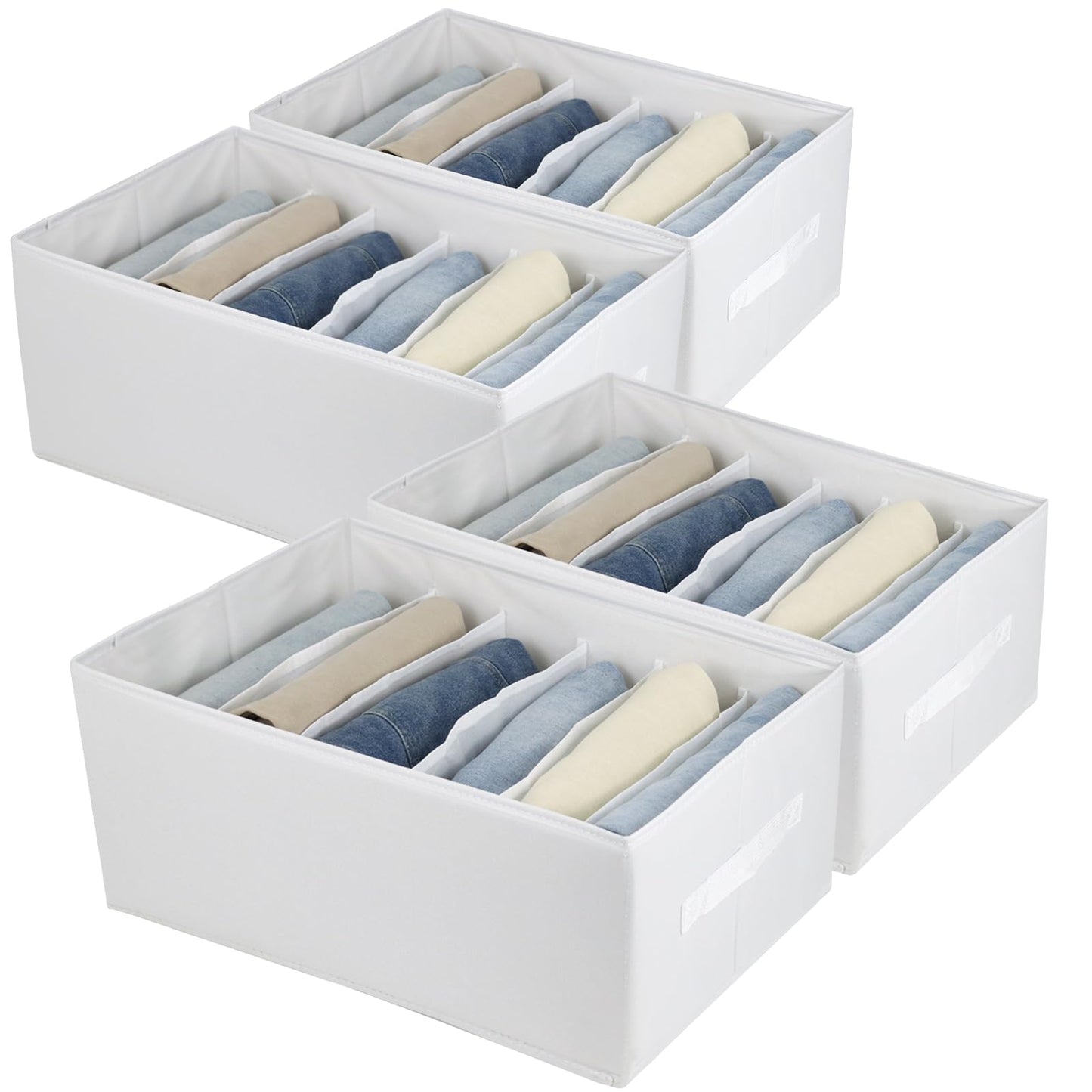Extra Large Clothes Closet Organizer 6 Compartments for Jean Sweater Sheets to Shirt - Divided Clothing Storage Boxes for Closet, Wordrobe, Bedroom, Shelf (4pc White)