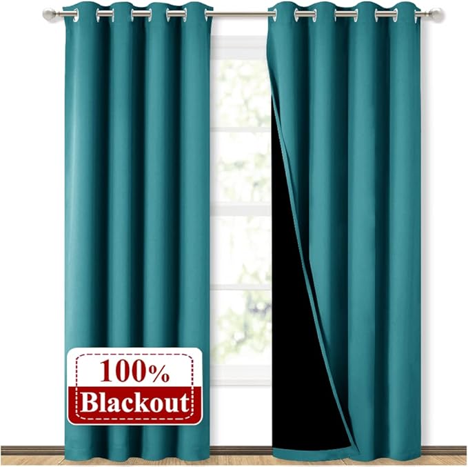 NICETOWN 100% Blackout Curtains 84 inches Long, Pair of Energy Smart & Noise Blocking Out Drapes for Baby Room Window, Thermal Insulated Guest Room Lined Window Dressing(Peacock Teal, 52 inches Wide)