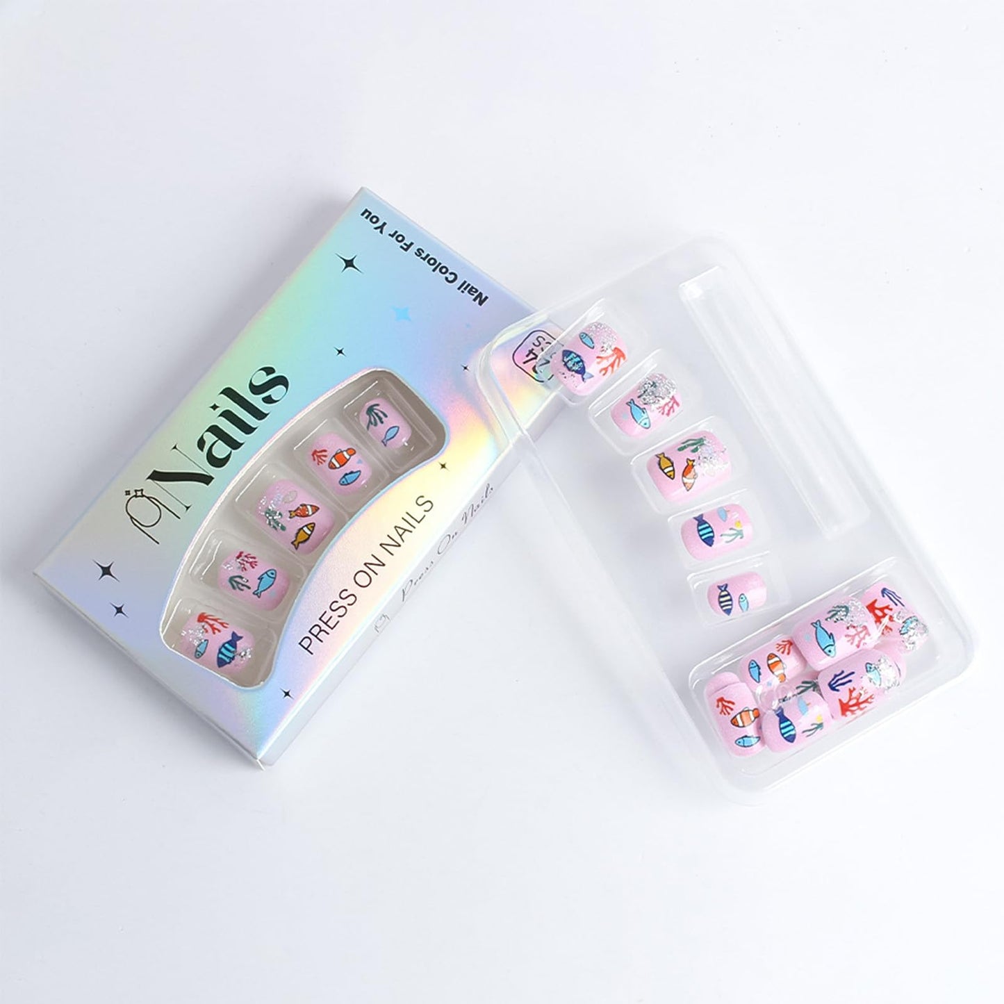 Spring Summer Press on Nails Short Square Fake Nails Pink False Nails with Sea Fish Coral Designs Glossy Glitter Stick on Nail Reusable Artificial Glue on Nails for Women Manicure 24Pcs