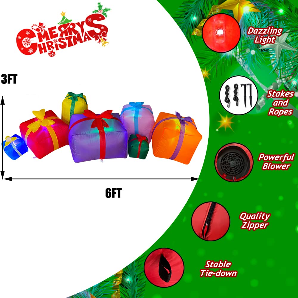 SEASONBLOW 6 Ft LED Light Up Inflatable Christmas 7 Gift Boxes Lantern Decorations for Indoor Outdoor Yard Garden Lawn Holiday Party