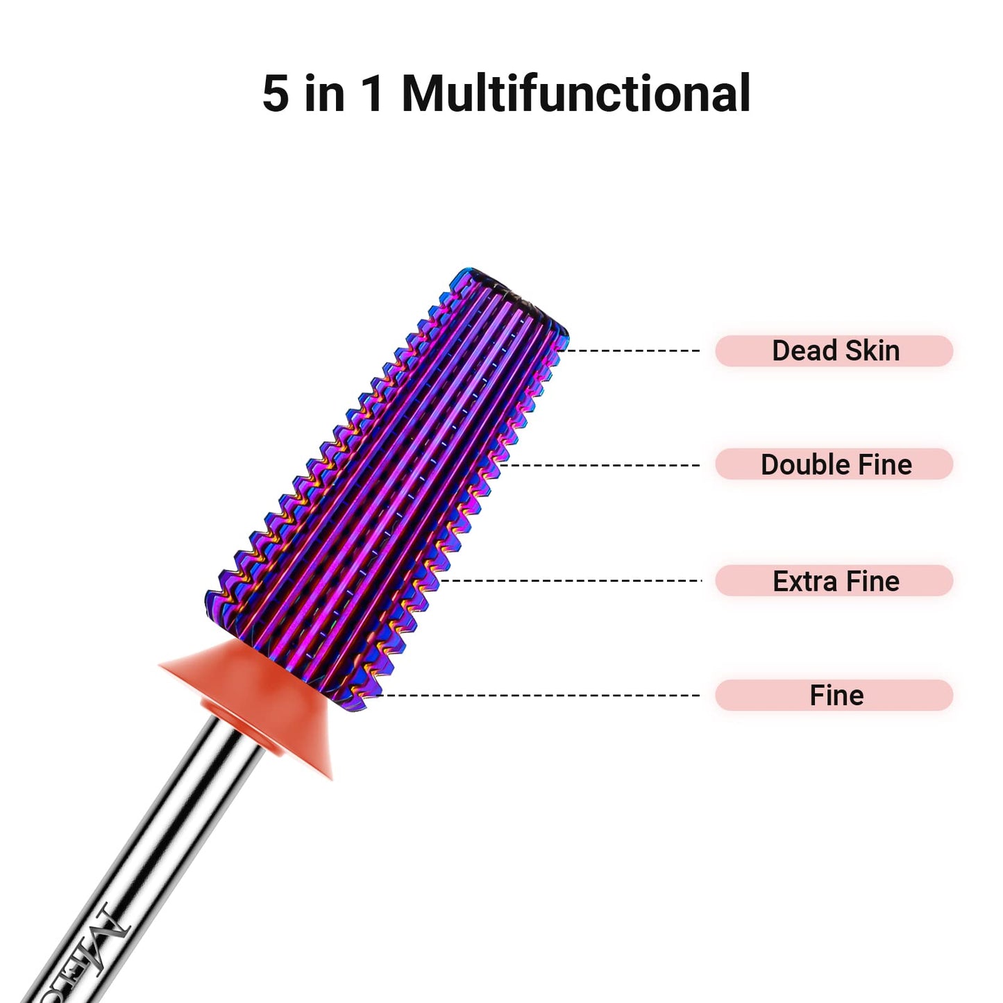 MelodySusie Professional 5 in 1 Nail Drill Bits, 3/32'' Carbide Tungsten Multi-function Bits, Suitable for Manicure Pedicure Cuticle Gel Polishing, Technicians Bits, Purple, Series Bit-M, Fine