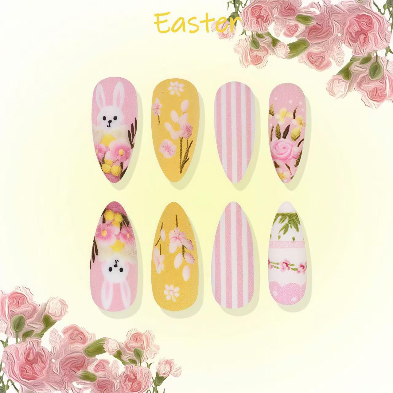 Easter Press on Nails Medium Almond Matte Fake Nails Pink Rabbit False Nails Cute Egg Easter Forest Theme Flowers Acrylic Stick on for Women Easter Holiday Manicure Decoration 24Pcs