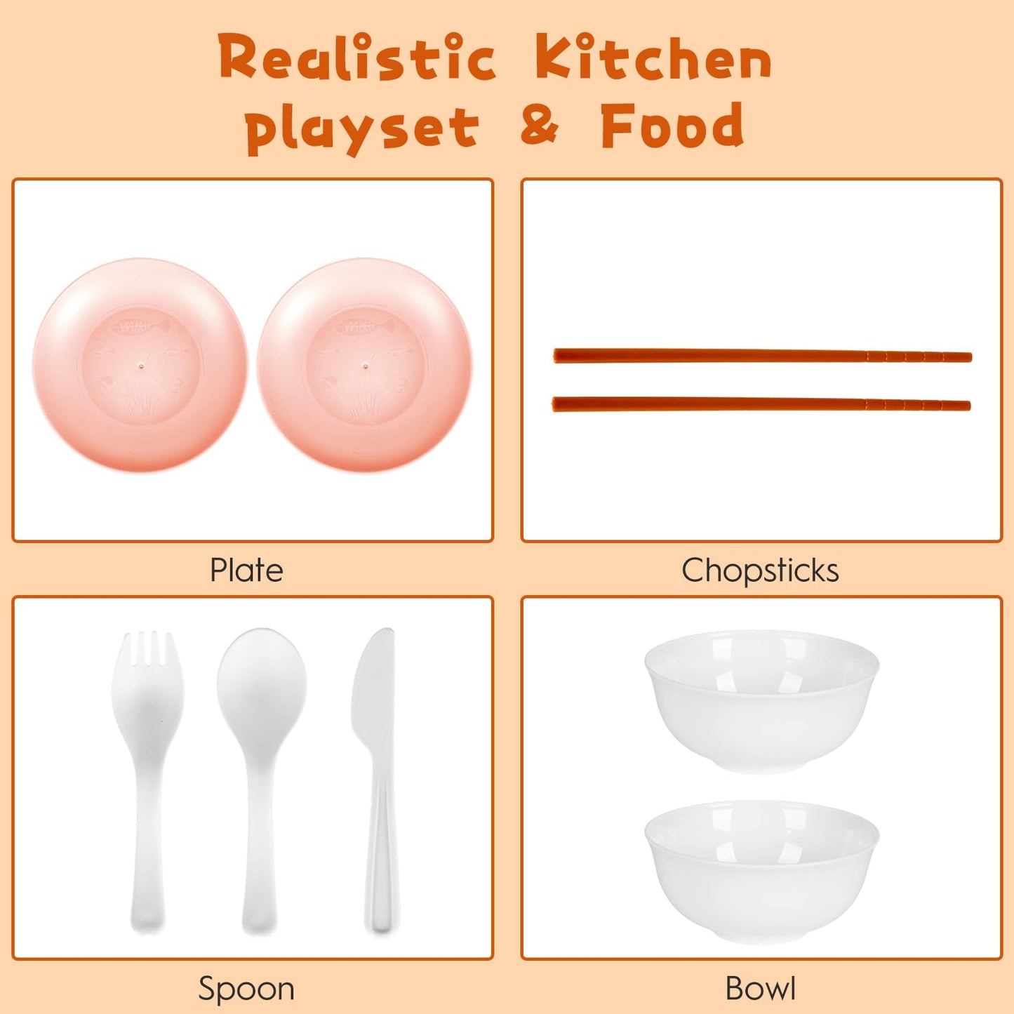 60Pcs Kids Mini Play Kitchen Accessories, Pretend Cooking Play Set with Cookware, Tableware & Fruit & BBQ Sets, Learning Gift for Boys, Girls, Toddlers,Pink
