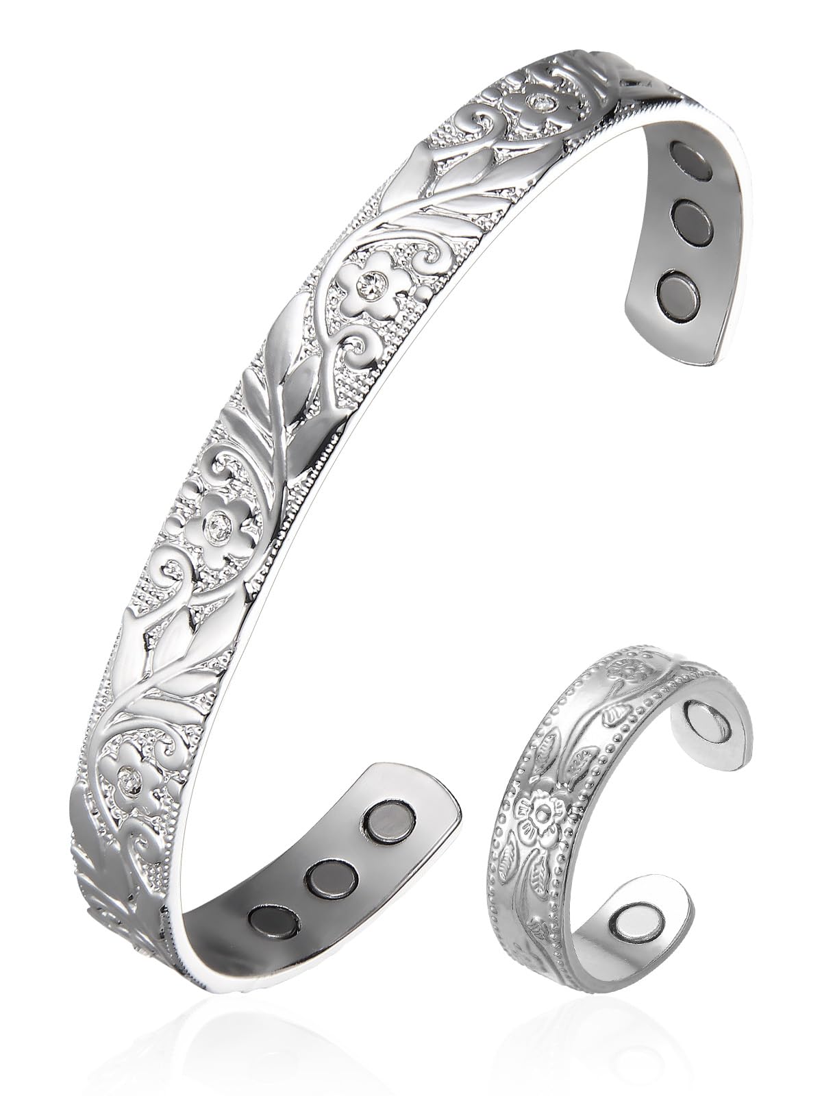 BioMag Lymphatic Drainage Ring & Copper Bracelet, 99.99% Pure Copper Magnetic Bracelet & Ring with Built-in 3500 Gauss Magnets, Adjustable Size,Floral Branch and Leaf Pattern