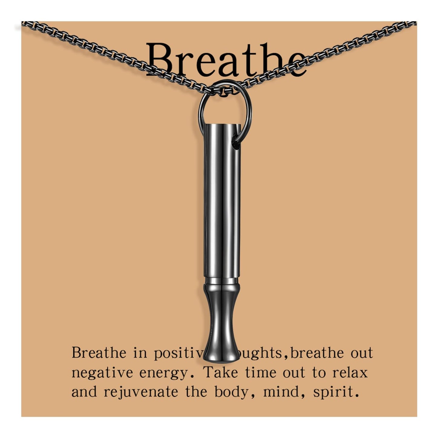 hooppoo Breathing Necklace for Calm & Focus - Personal Essential Oil Diffuser for Anxiety Relief, Quit Smoking, Yoga and Meditation - Reusable Stainless Steel Pendant for Women Men (Black)