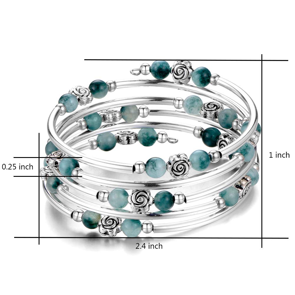 BULINLIN Wrap Bangle Rose Bead Bracelet - Beaded Bracelet with Natural Agate Stone Gifts For Women(01-Jade green)