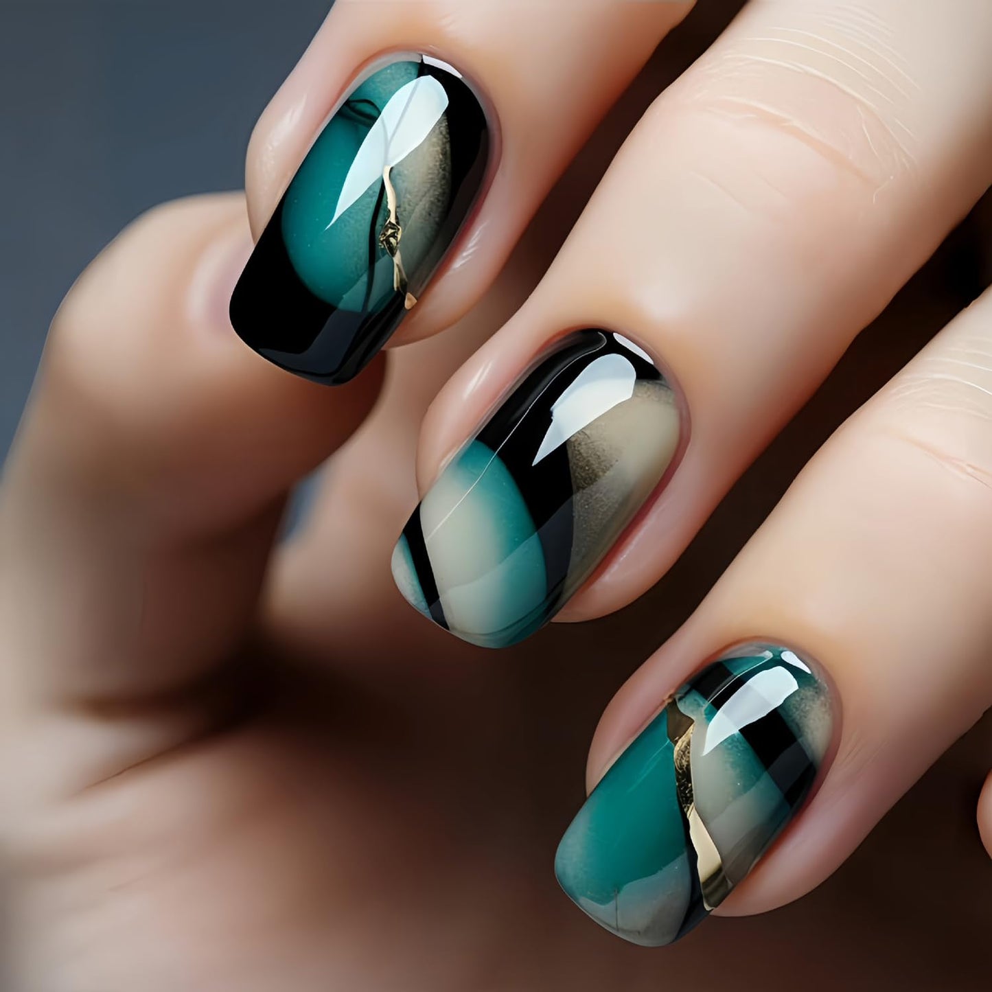 CJDLTS Aurora Green Stripe Design Square False Nails - Glossy Artificial Full Cover Acrylic Coffin Nails - 24Pcs