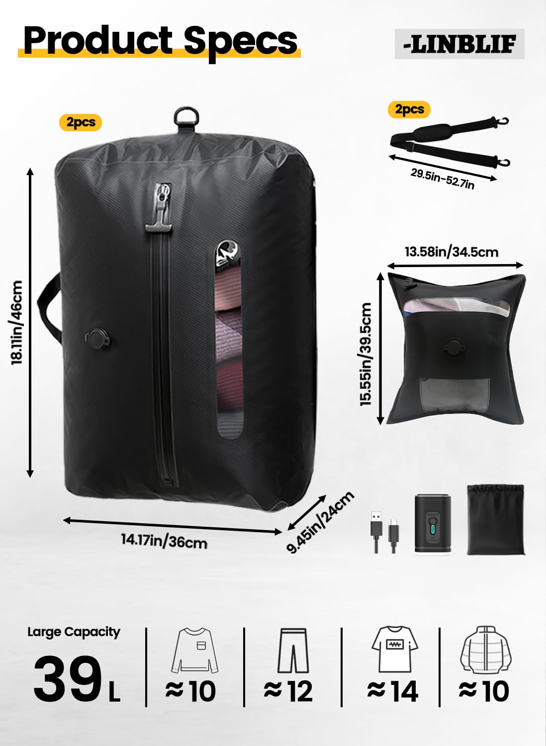 LINBLIF Travel Vacuum Bags with USB-C Pump, Compression Storage Bags for Clothing, Space Saving Packing Cubes Alternative for Carry-On Suitcase, Backpack & Luggage, Waterproof Reusable Travel Bags