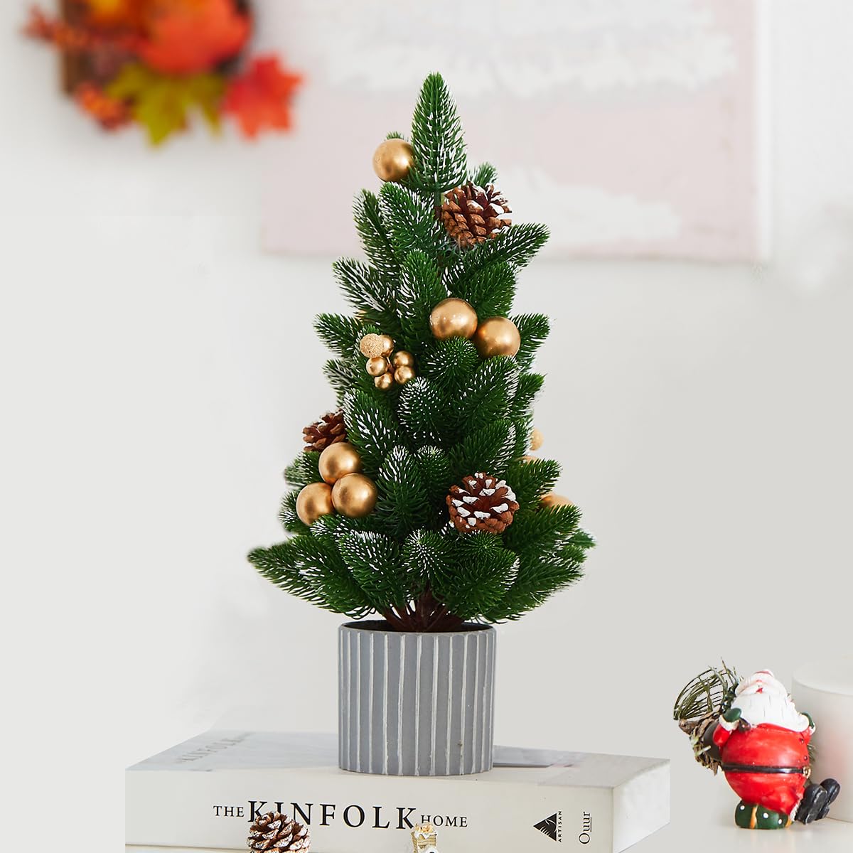MYELLU Classic Small Christmas Tree Table Decor - Mini Tabletop Artificial Tree Indoor Christmas Holiday Centerpiece for Desktop Home Office Bedroom Decor Gift(Gold Pine)