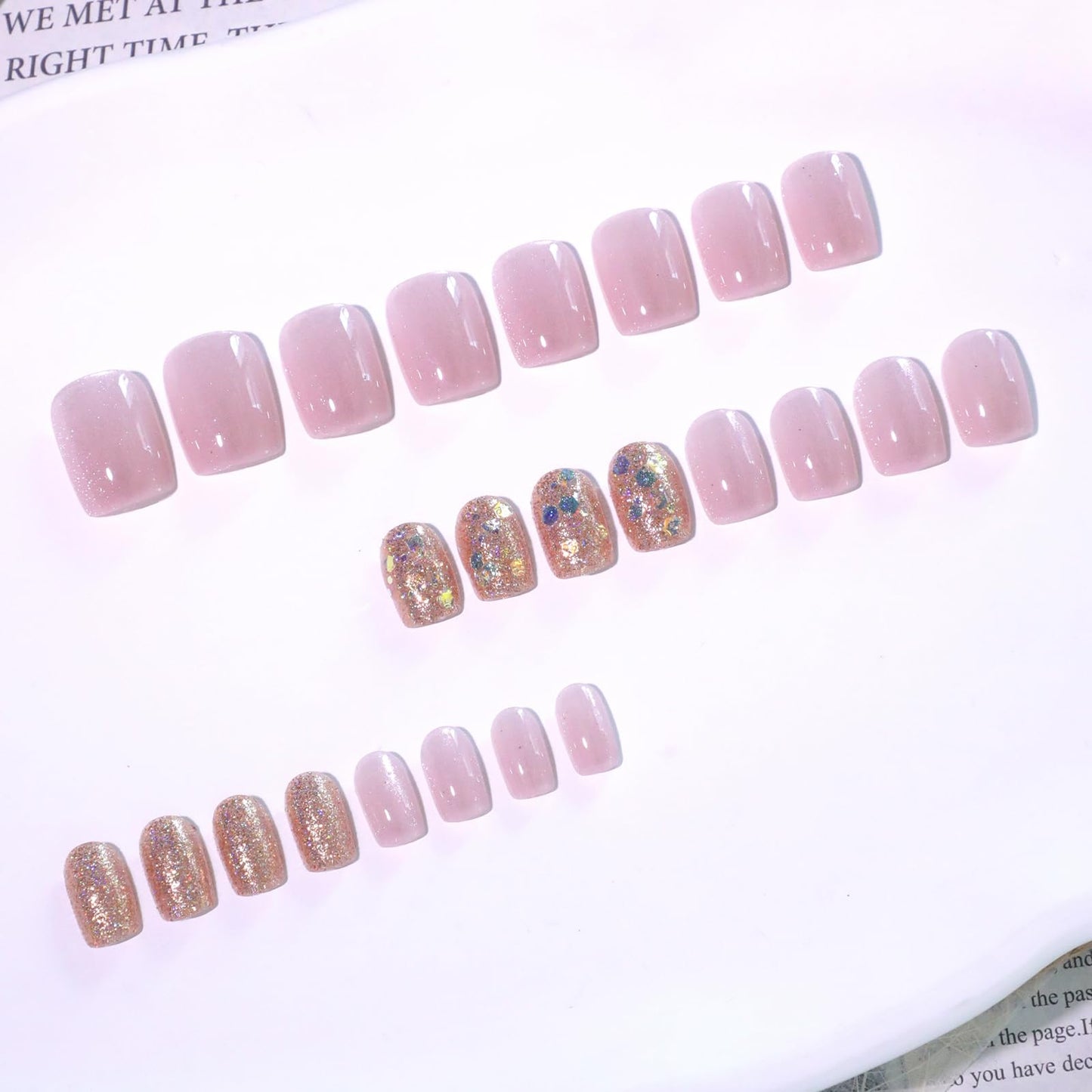 Stbisen 24PCS Short Square Press On Nails, Pink Jelly Glitter Fake Nails, Reusable Short Length Stick On Nails with Iridescent Sparkle Design for Women DIY Salon Manicure