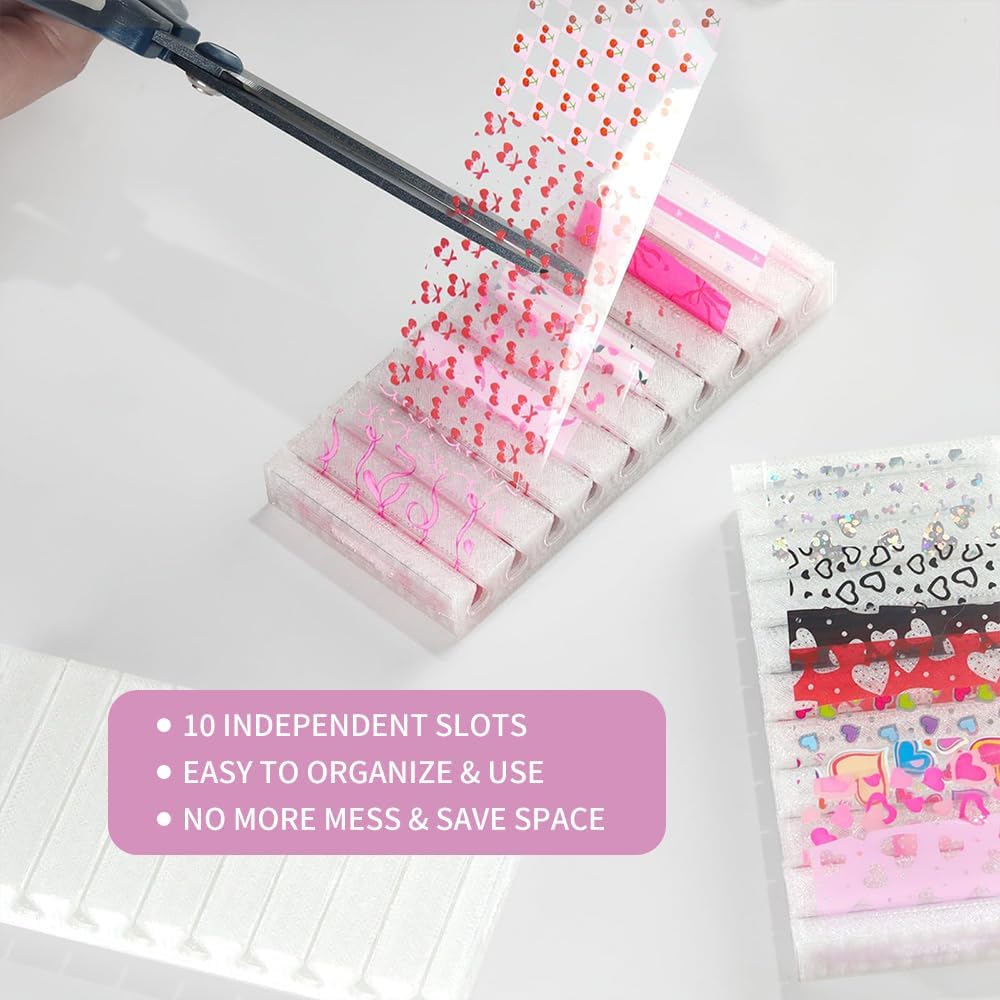 5PCS Nail Art Transfer Foil Storage Box, Pull-and-Cut Nail Foil Decals Organizers with Rolling Tool, Professional Dust-Proof Manicure Tool Container for DIY & Salon Use