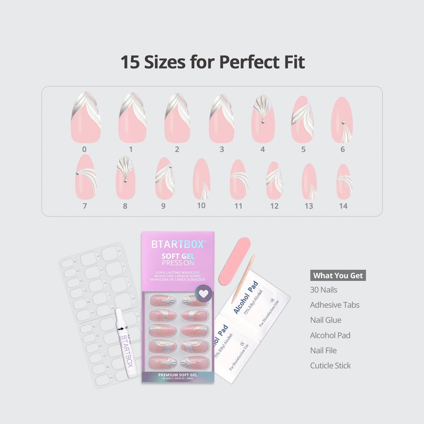 BTArtbox Press On Nails Medium - Pearlfin, Easy-to-Apply 3D Pearl Accents Almond Press On Nails with Glue and Adhesive Tabs in 15 Sizes - 30 Nails All-in-One Kit