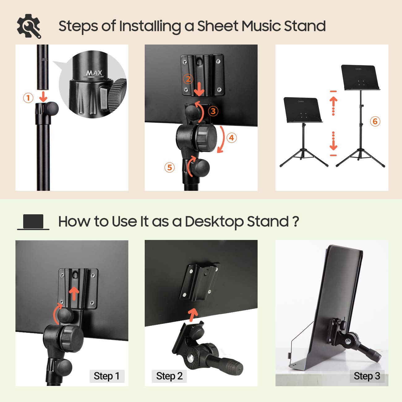CAHAYA Music Stand for Sheet Music - Dual-use Converts to Desktop Stand Portable& Foldable 31.4-57in Height Adjustable Sturdy to Holds Thick Book or Tablet Include Carrying Bag Sheet Music Folder Clip