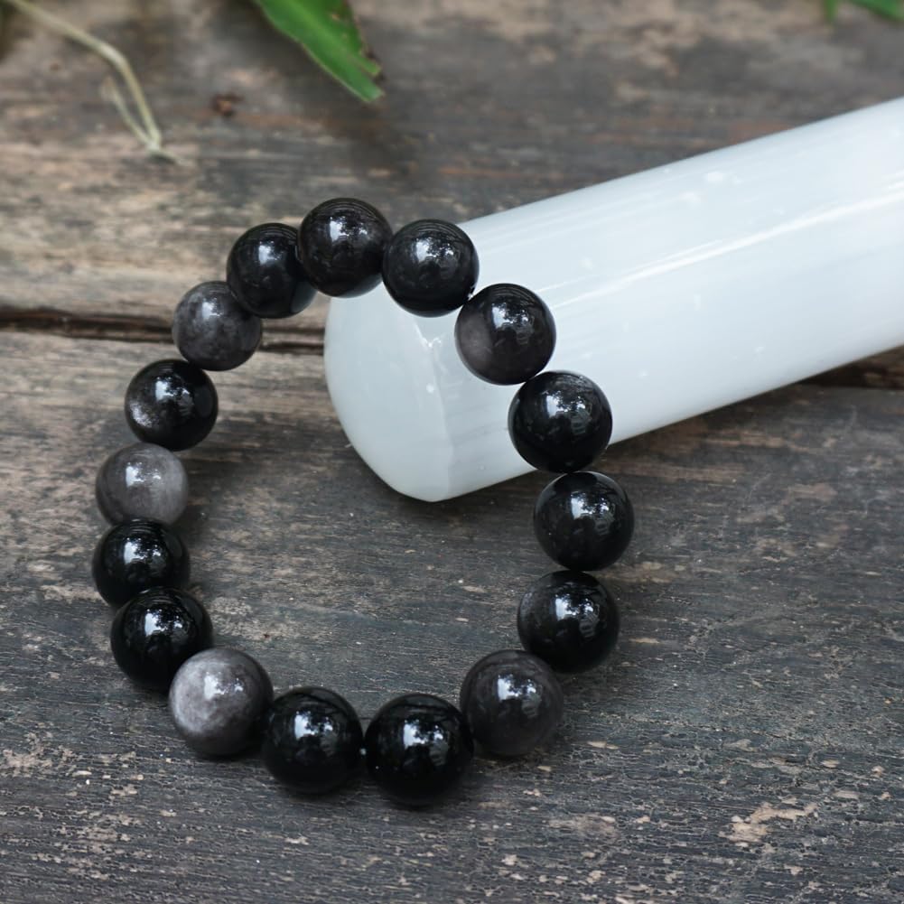 TaHLga 14mm Silver Obsidian Crystal Bracelet | XLarge Size | Natural Root & Third Eye Chakra Stone | Protection & Intuition | Fits for XLarge Wrist 8.5-9" | Come with Box & Pouch