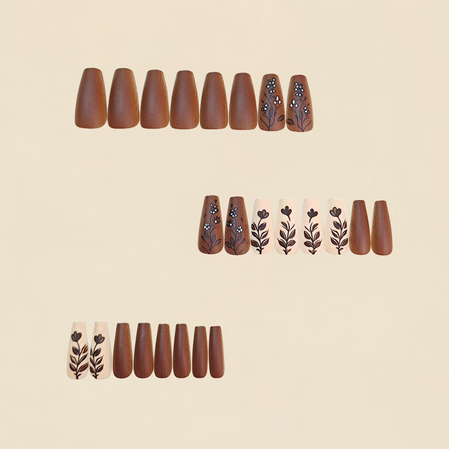 Fall Press on Nails Medium Coffin Fake Nails with Leaves Flower Designs Matte Glue on Nails Brown Nails Press ons Autumn Acrylic Artificial Stick on Nails for Women 24Pcs