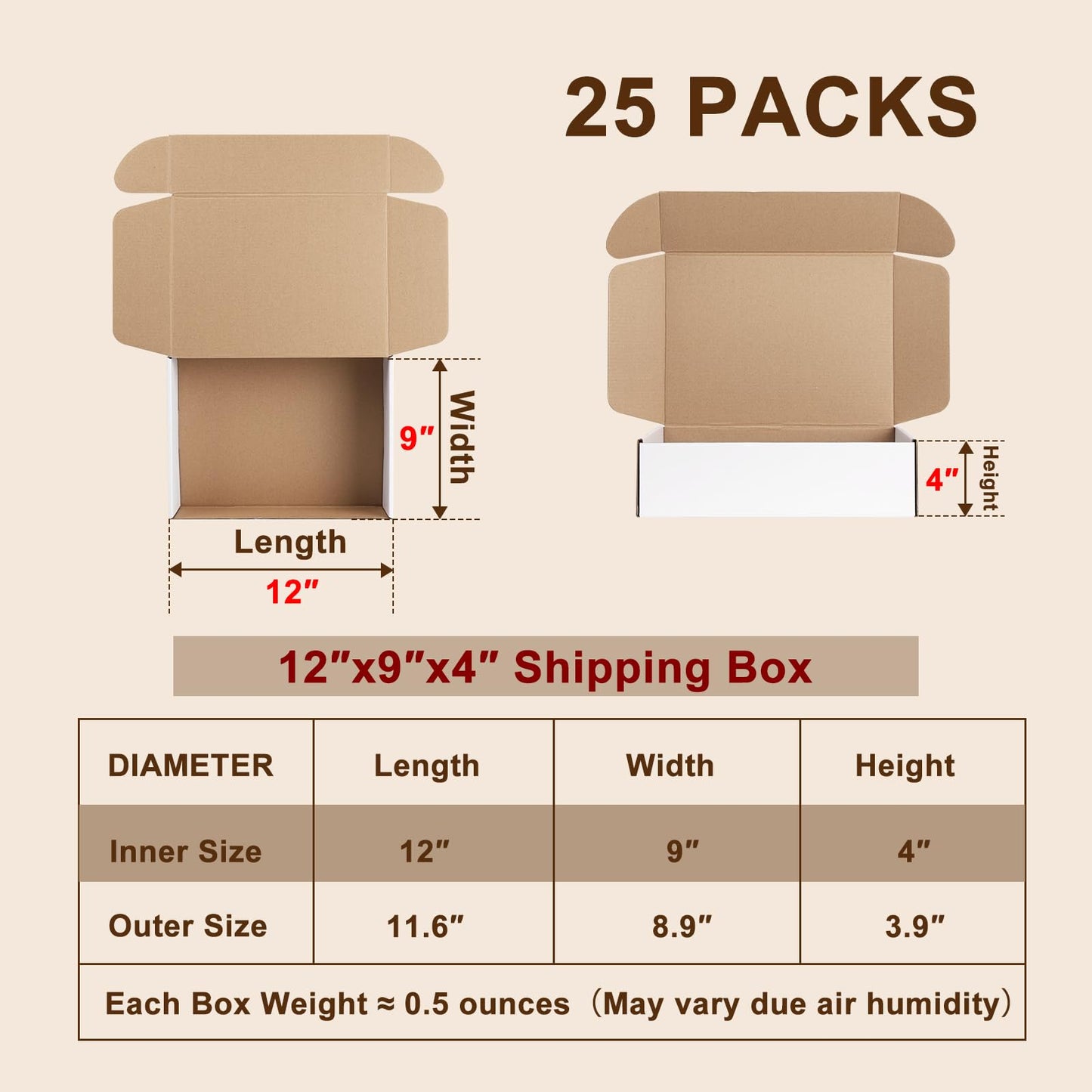 Hguba 12x9x4 Inches Shipping Boxes Set of 25, White Corrugated Cardboard Box, Mailer Boxes for Small Business
