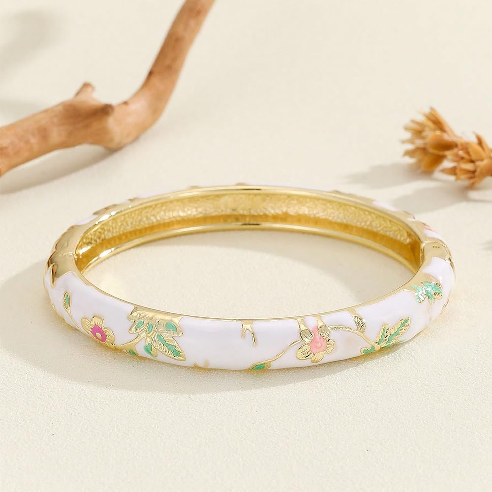 Cloisonne Bracelet For Women, Chunky Bangle Trendy Cute Flower Enamel Bangles Multi Tone Engraved Cuff Gold Plated Bracelets Stackable Wife Jewelry Friendship Gift (Blue, One Size)