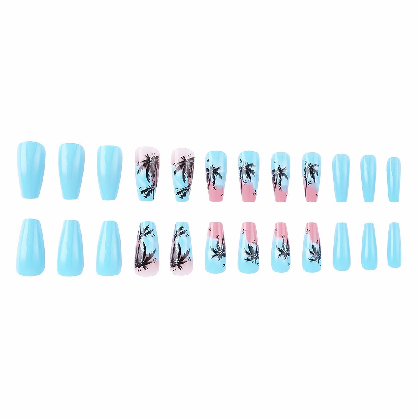 MISUD Press on Nails - Long Coffin Fake Nails with Summer Blue, Acrylic Beach Coconut Tree Design 24 pcs