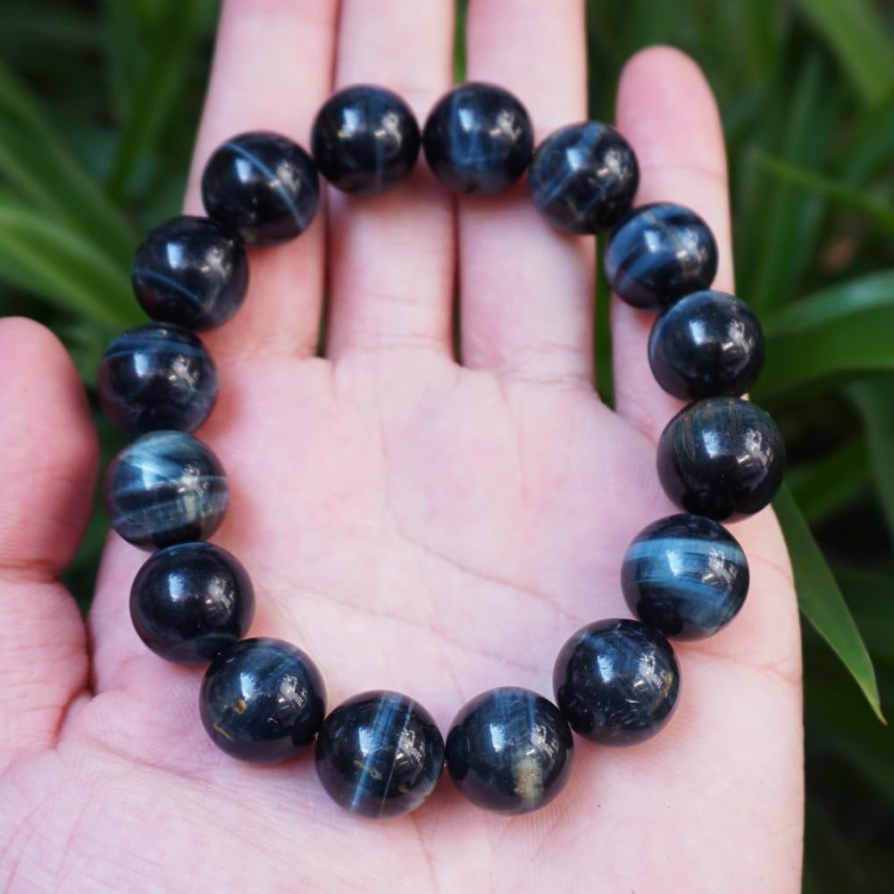 TaHLga Blue Tigers Eye Mens Bracelet 14MM | Fits for About 8" XLarge Wrist | Natural Solar Plexus Chakra Gemstones | Bring Luck Wealth Courage | Protection from Evil | Gift