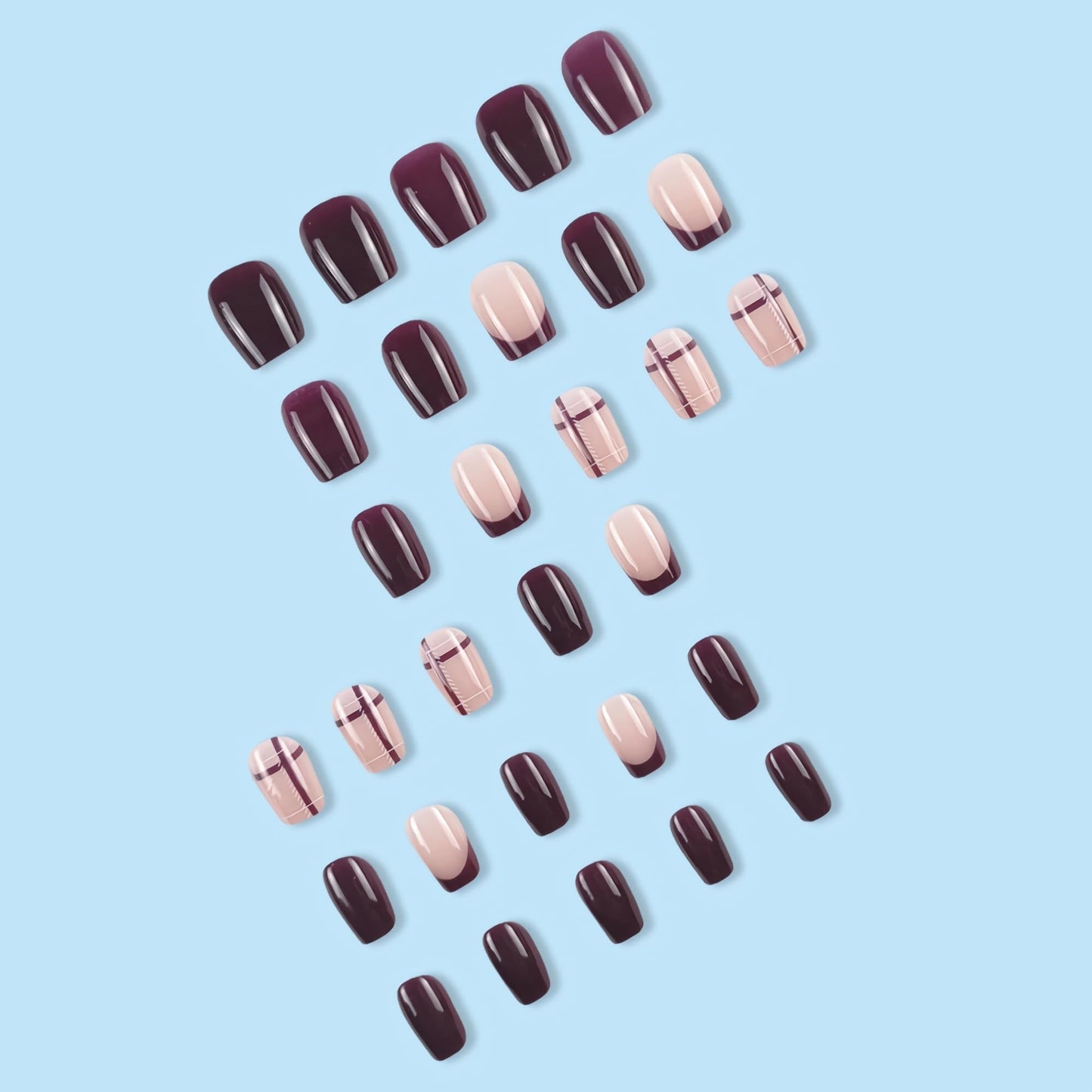 BABALAL Short Square Press on Nails, Red Fake Nails Glue on, French Tip Fall Plaid Design 24Pcs Cute Squoval Manicure Artificial False Nails for Women and Girls