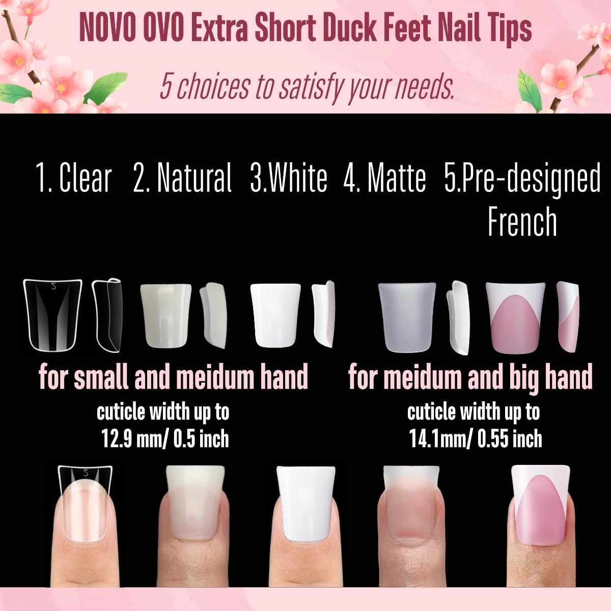NOVO OVO Duck Feet Nail Tips for Small and Medium Hand, Extra Short Full Cover Press On Acrylic, Clear Full Coverage Thick Flare French Soft Gel Fake False Nail Extension x 12 Sizes