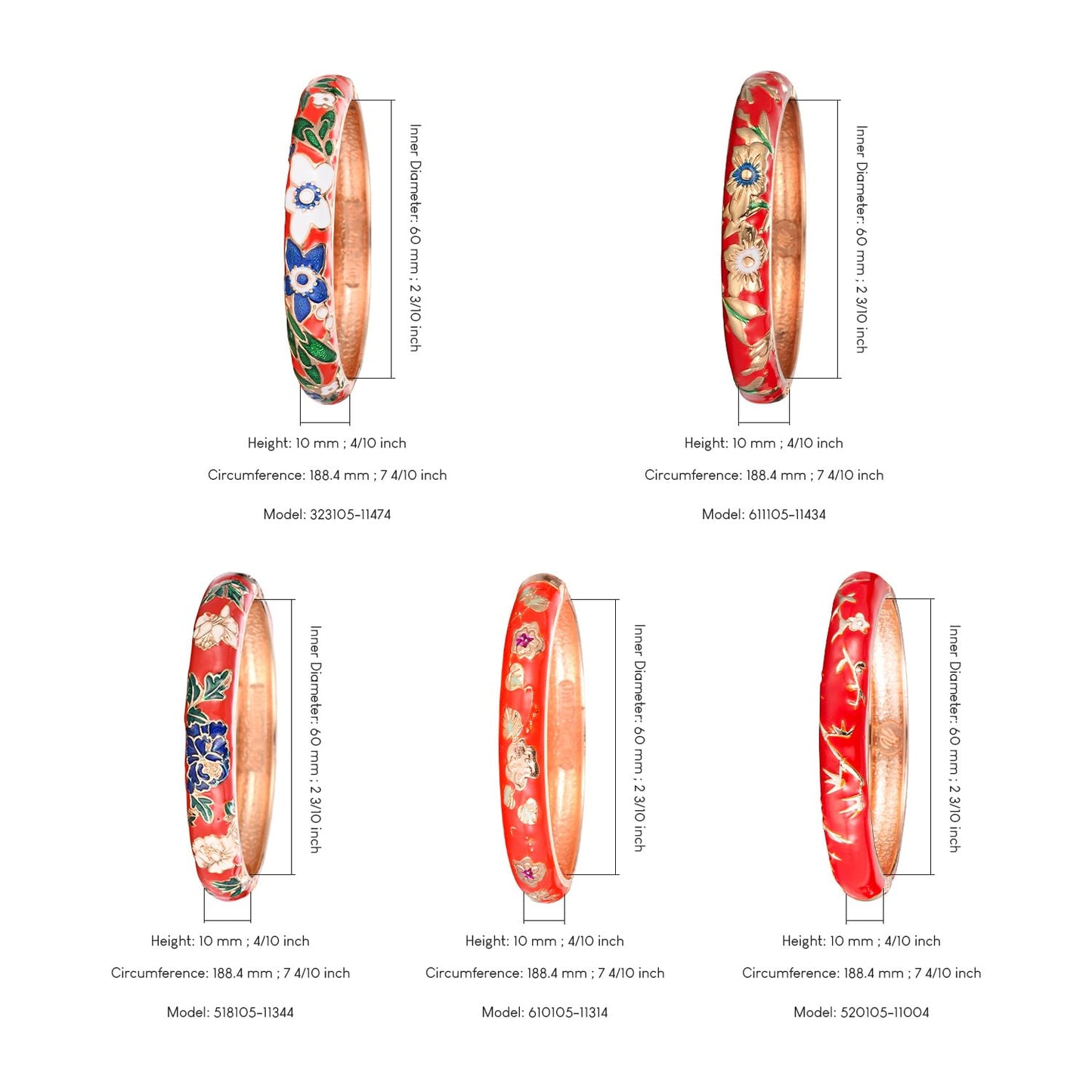 UJOY Bangles 5 Pcs Enamel Jewelry Set Rose Gold Flower Engraved Cloisonne Bracelets Pack in a Box 5PCS-RD-1