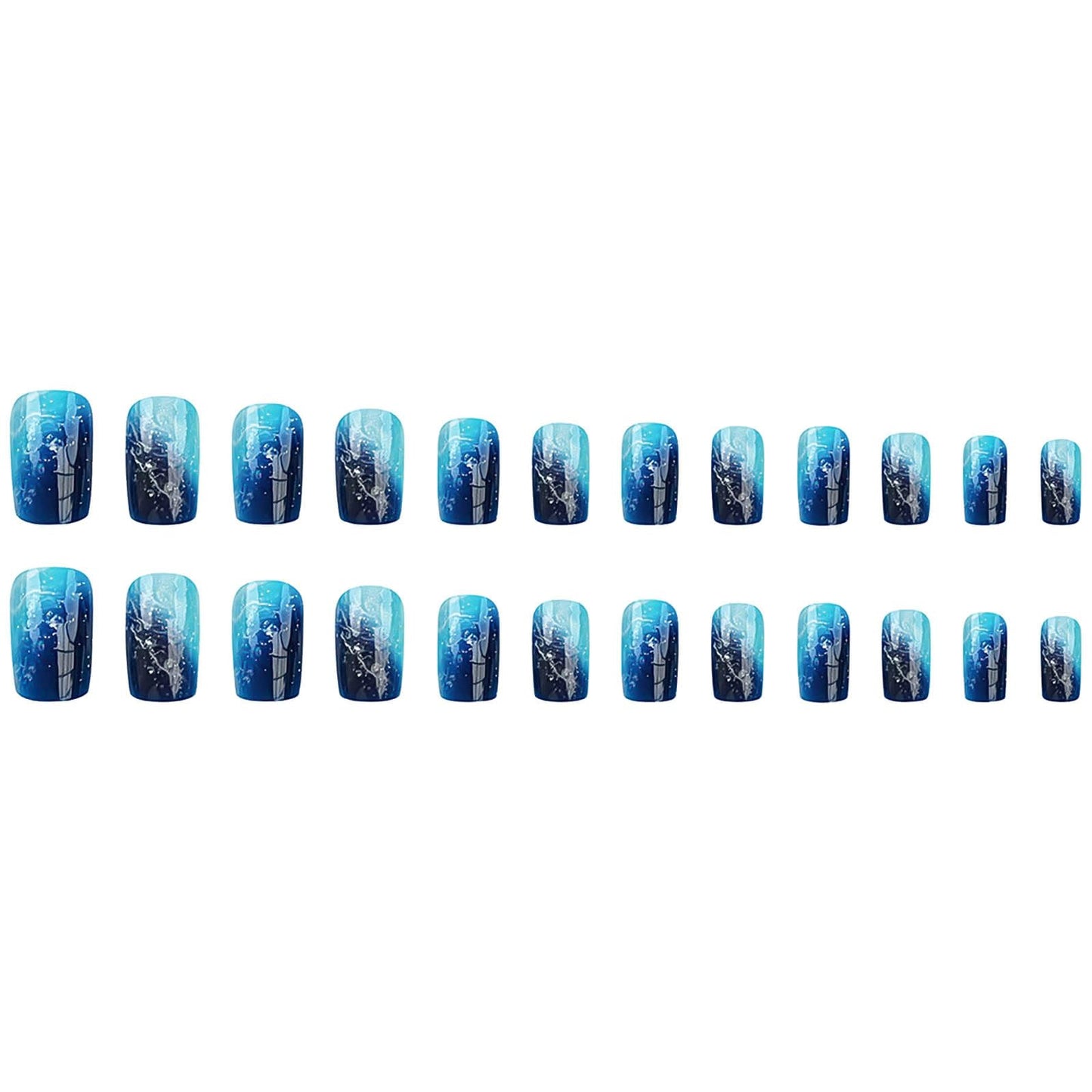 RUOKEXIN Square Press on Nails - Medium Blue Ombre False Nails with Glitter Designs, Thick Glossy Artificial Nails, 24Pcs