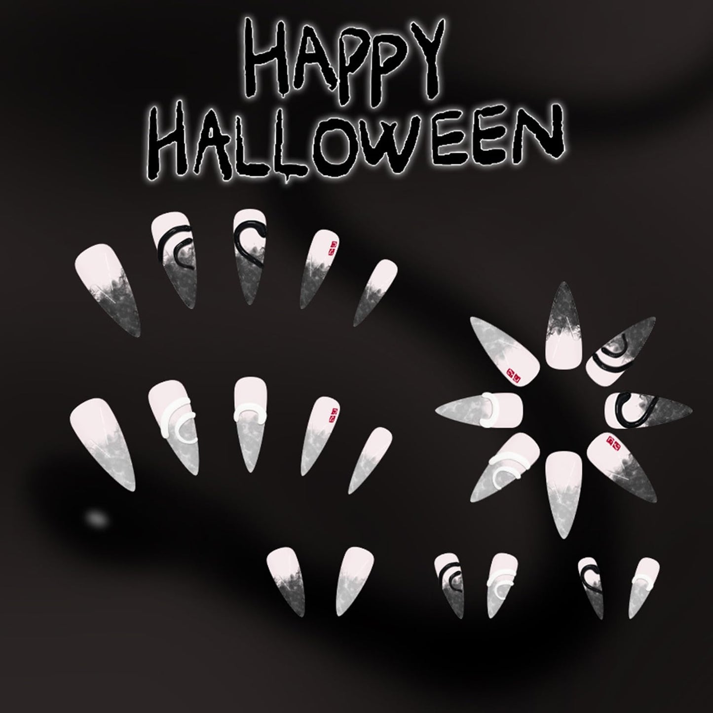 GCSQW Press on Nails Long Stiletto Fake Nails with 3D Snake Designs Halloween Glue on Nails Black Gradient Glossy Acrylic Nails Almond False Nails Stick on Nails for Women 24Pcs