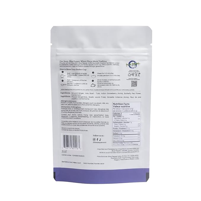 Blue Pepper Tea Infusion | Butterfly Pea Flower Blend with Ginger, Tulsi (Holy Basil), Amla (Indian Gooseberry) & Cardamom | Caffeine-Free Natural Beverage | 60g