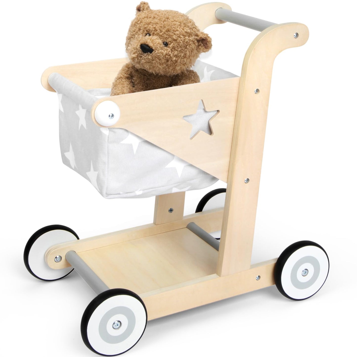 Asweets 2 in 1 Wooden Baby Walker Push and Pull Doll Stroller, Shopping Cart Learning Walker for Boys and Girls, Sit Stand Learning Toddler Toy (Grey)